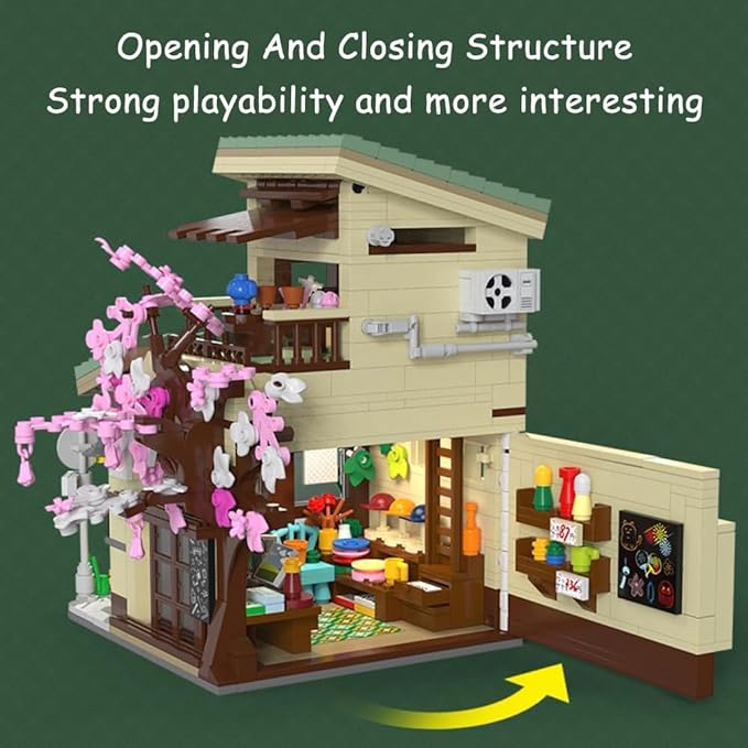 Japanese Cat's Grocery Shop Building Block Set MOC Modular Street View Series House with 1 Figure &amp LED Light Model House Idea Gift for Teens and Adults(921 pcs)
