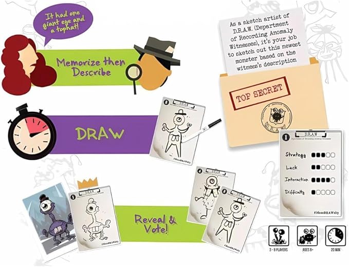 MonsDRAWsity Drawing Party Game Based on Verbal Description Take Turns Describing &amp Drawing a Bizarre Monster - Be The Player Whose Drawing Most Closely Matches 8+ 3-8 Players
