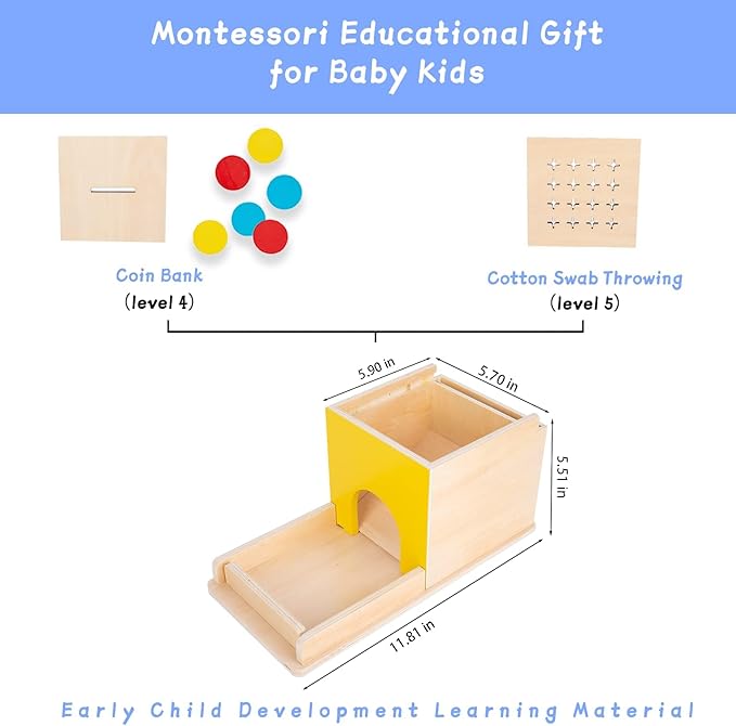 Adena Montessori 5 in 1 Wooden Montessori Play Kit Baby ToysObject Permanence BoxMatchstick Color DropCotton Swab Drop GameCarrot Harvest and Coin Box for Kid 1 Year OldGift for Baby 6-12 Month