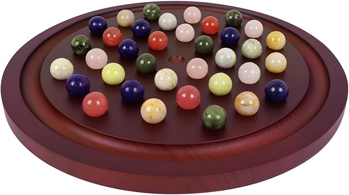 HOROW 15.7 Inches Large Marble Solitaire Board Game Wooden Classic Natural Stone Marbles Solitaire Game Set Containing 36 Colored Natural Stone Marbles Strategy and Smart Games (Red Peach Color)
