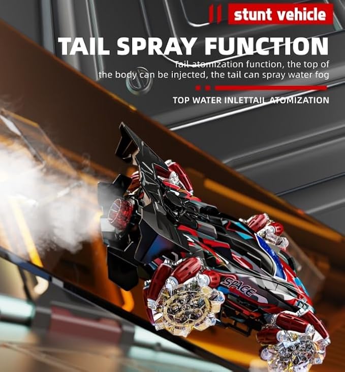 Gesture Sensing RC Stunt Car with Lights &amp Music Hand Gesture Remote Control Toy with 360° Spins Mist Spray (Red)