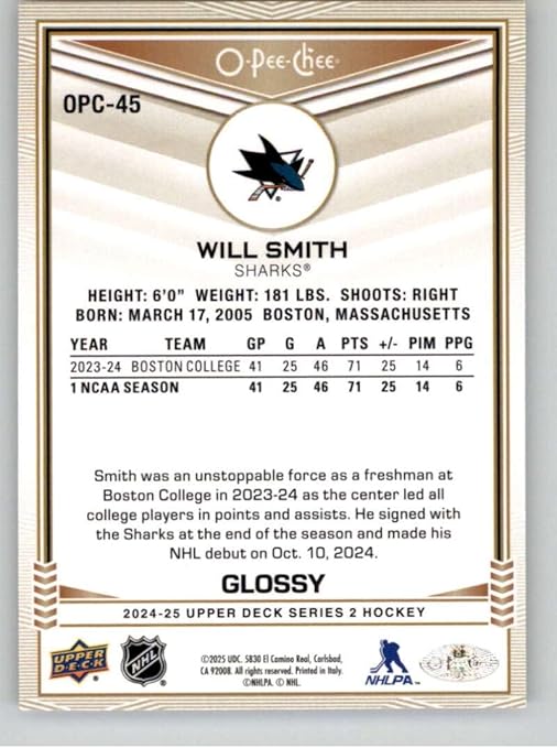 2024-25 Upper Deck Series Two OPC Glossy #OPC-45 Will Smith RC Rookie Card San Jose Sharks Official Hockey Card in Raw (NM or Better) Condition