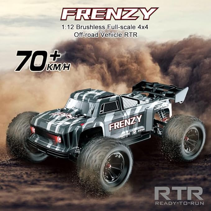 1:12 4WD RC Monster Truck Brushless Motor 70+km/h High Speed Double 3S Li-Po Battery with Balance Charger Waterproof All-Terrain Hobby Grade Remote Control Car for Adults