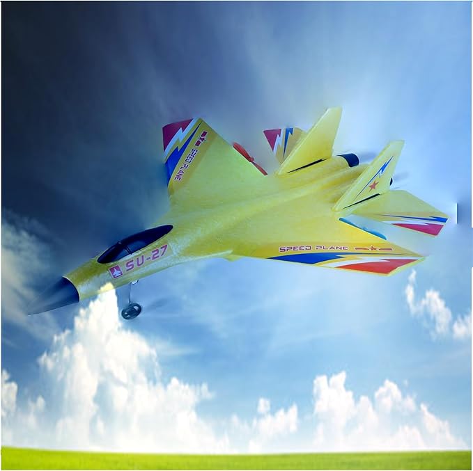 Yellow SU-27 RC Fighter Jet Remote Control Airplane with Stunt Flight Anti-Crash Foam Aircraft Model for 14+ Ages Teens and Adults 2.4GHz Remote Control 3 Batteries for Extended Flight Time
