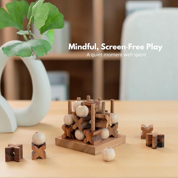 Wooden Tic Tac Toe (XOXO) Game – Handmade 2-Player Strategy Board Game – Travel Size Rustic Tabletop Decor – Sustainable Wood Gift for Adults Couples and Professionals (Mini 3D Tic Tac Toe)