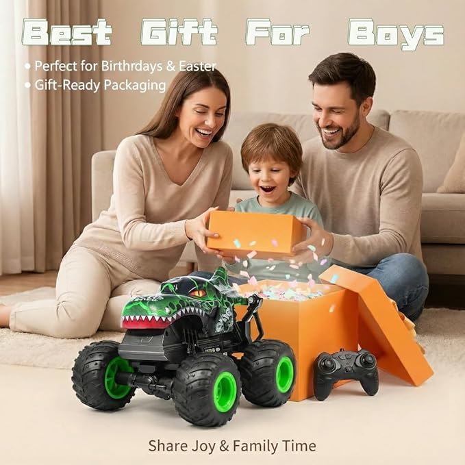 Remote Control Dinosaur Car for Boys 8-12 Sturdy 1:20 Scale RC Monster Truck with LED Lights &amp Roaring Sound 2.4GHz All Terrain Off Road Toy Vehicle Birthday Easter Gifts for Kids 8-12(Green)