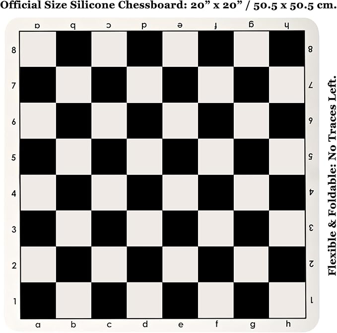 Tournament 20-inch Silicone Chess Board with 3.5 King Quadruple Weighted Pieces 2 Extra Queens &amp Dust Brush for Easy Care. Professional Portable Chess Set in Storage Bag