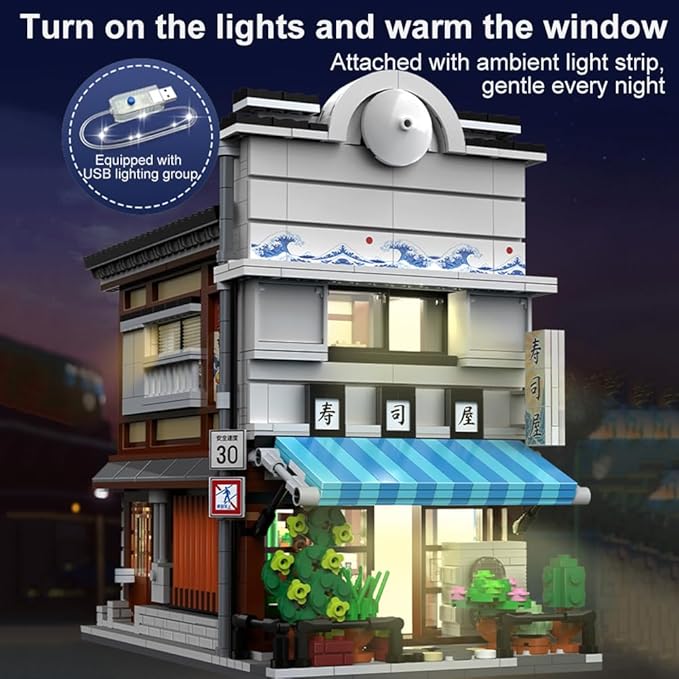 Japanese Sushi House Architecture Building Blocks Set – 1665PCS Creative Street View Model with Lighting &amp 1 People Creative Construction Shop House City View Birthday Gift for Adult