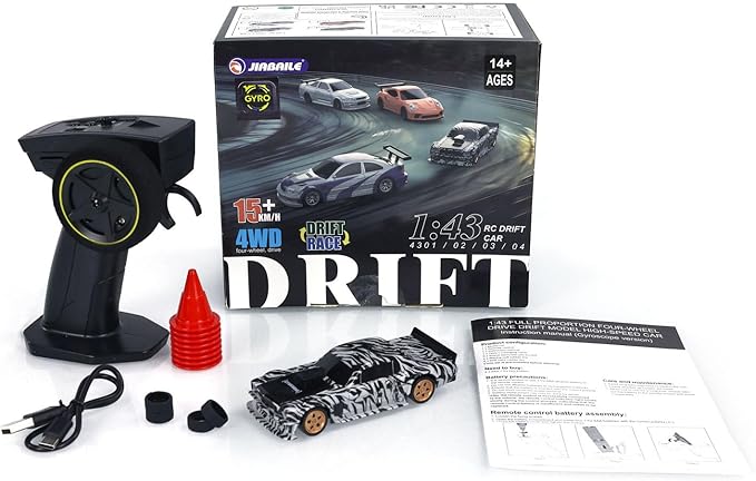 TOUCAN RC HOBBY 1:43 Ready to Run Race Car Gyro Drift Car 4WD Traffic Cones Mini Toy for Men(White Black)