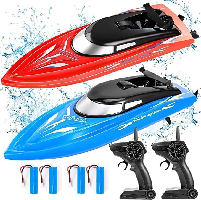 2PACK RC BoatRemote Control Boats for Kids and Adults10km/H 2.4G High Speed Remote Control BoatFast RC Boats for Pools and Lakes with 4 Rechargeable Battery.(Blue+Red)