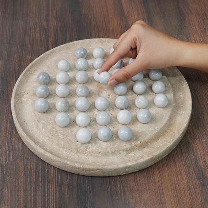 Marble Solitaire Board Game 10 Travertine Mind Game with 42 White Marble Balls Classic Puzzle Game for Family Modern Tabletop Brain Teaser