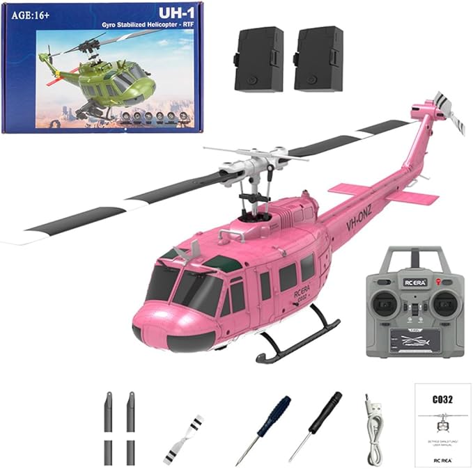C032 UH-1 Huey RC Helicopter for Adults 1/48 Scale 2.4G 6CH Flybarless Stunt RC Plane 6-Axis Gyroscope Optical Flow Positioning TOF Lidar Height Setting for Beginners (Pink (2 Batteries))