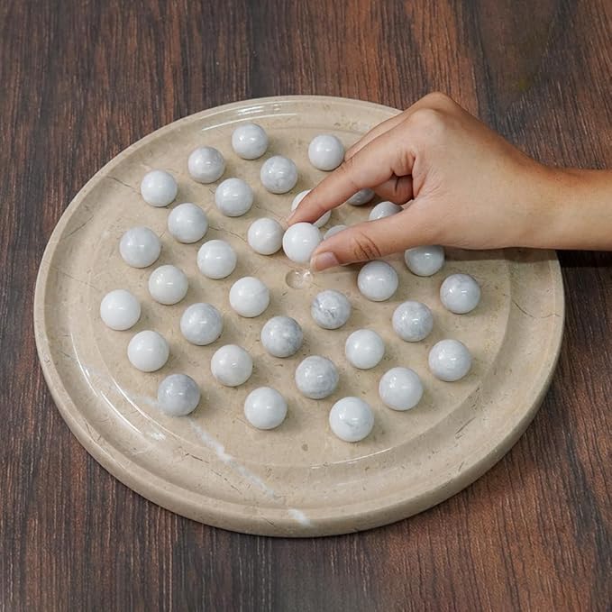 Marble Peg Solitaire Board Game 10 Inches Beige Stone Game with 42 White Assorted Marble Balls Classic Brain Puzzle for Fun Elegant Decor for Family Only