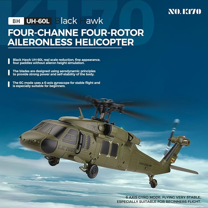 K170 UH60L Remote Controlled Helicopter for Adults RC Aircraft Plane 2.4Ghz 4CH RC Helicopter Heli Aileronless 6-Axis Gyroscope Altitude Hovering (3 Batteries)