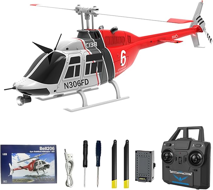 C138 Remote Control Helicopter 1:33 Scale Bell206 Helicopter 2.4G 4CH RTF Single Propeller Aileron Free Six-axis Gyroscope Modular Battery One-Touch Function Gift for Adults 2 Batteries