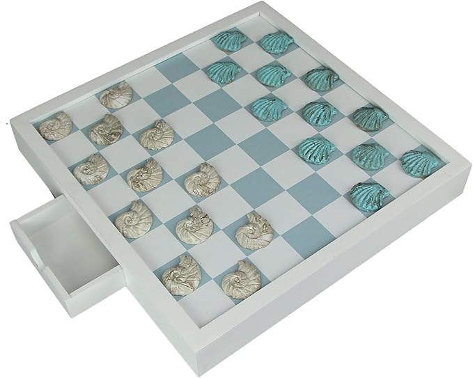 Coastal Themed Seashell Checkers Set with Game Board 13 Inches
