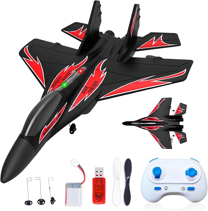 Foam Remote Control Wireless Airplanes RC Planes Remote Control Fighter Toys 2CH 2.4Ghz RC Fighter Jet with Light Hobby Rc Airplanes Easy to Fly for Kids Boys Adults(Black)