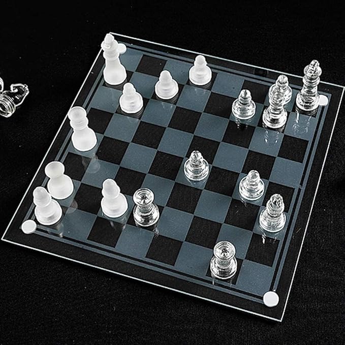 10*10 Glass Chess Set Frosted and Clear Pieces Felted Bottom for Adult and Teens（Gift for Game Education）