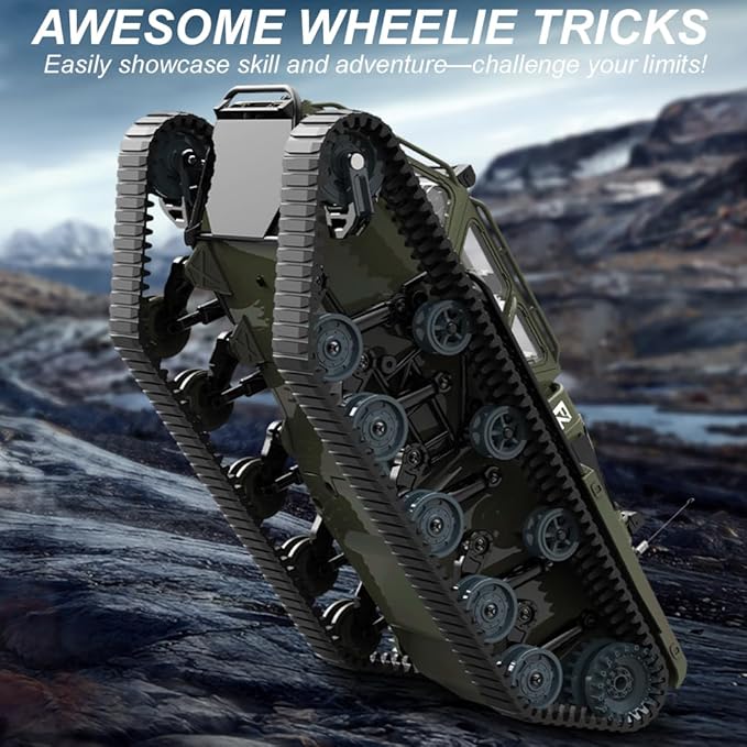 RC Tank All Terrain Army Truck for Kids - 2.4G Fully Proportional Remote Control Military Vehicle with 2 Batteries Rock Crawler 4WD 360°Rotating Drifting Car with Cool Lights Great Gift for Boys