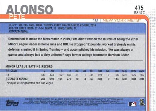 2019 Topps #475 Pete Alonso RC Rookie New York Mets MLB Baseball Trading Card