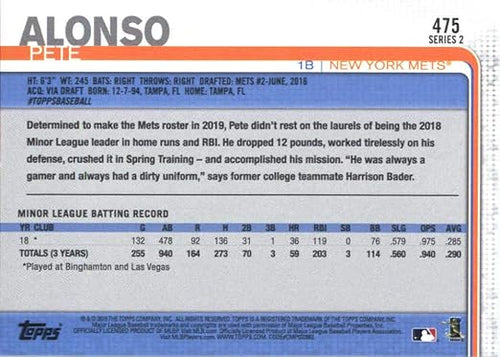 2019 Topps #475 Pete Alonso RC Rookie New York Mets MLB Baseball Trading Card