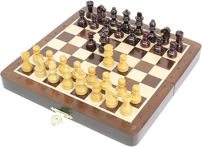 House of Chess - 8 Inch Wooden Magnetic Folding Travel Chess Set - Board with Algebraic Notation + 2 Extra Pawns &amp 2 Extra Queens- Handmade (Ringy Rosewood)