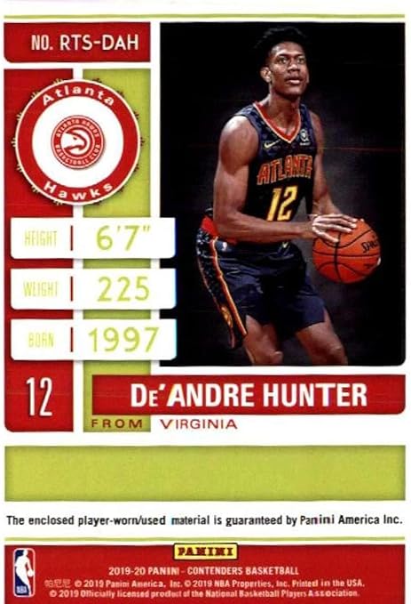 2019-20 Panini Contenders Rookie Ticket Swatches #38 De'Andre Hunter Game Used Jersey Atlanta Hawks NBA Basketball Trading Card