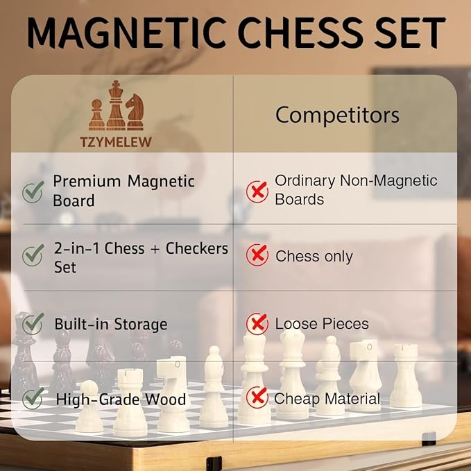 Wooden Magnetic Chess Set 15 – Foldable Board with Storage &amp Checkers Classic Family Game for Kids &amp Adults Perfect for Travel and Gifting