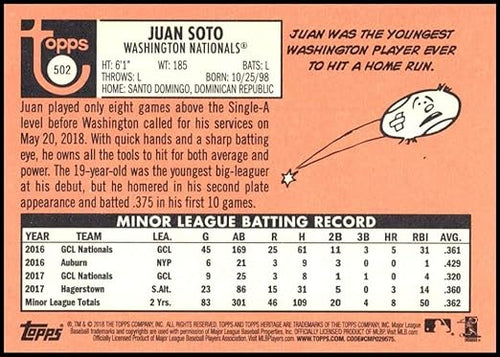 2018 Topps Heritage High Number #502 Juan Soto RC Rookie Washington Nationals Official MLB Baseball Trading Card in Raw (NM or Better) Condition