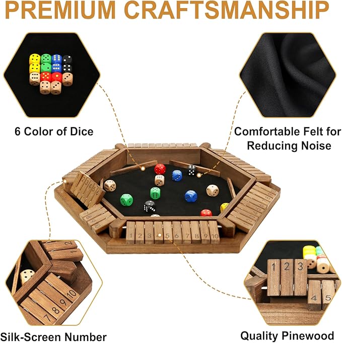 Exqline Shut The Box Game for 2-6 Players Wooden Board Table Math Game with 14 Dice 6 Way Classic Puzzle Board Games for Home Classroom or Pub