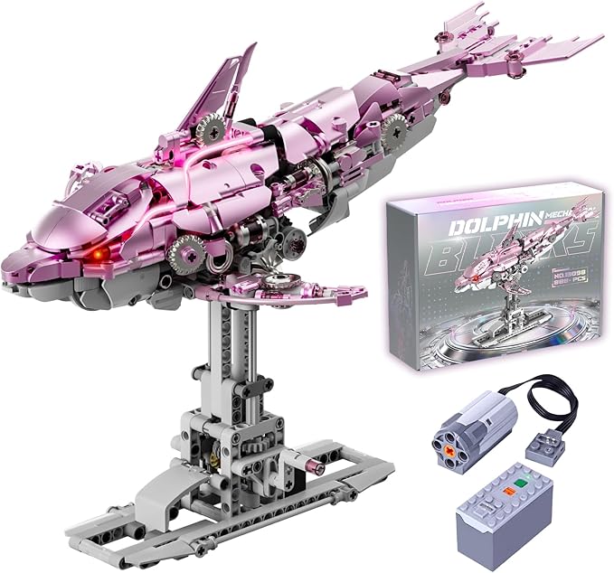 Mechanical Pink Dolphin Building Blocks Set with Hand-Crank &amp Motorized Movement Interactive Detailed Gear Design Display &amp Play Model Futuristic Ocean Animal Model