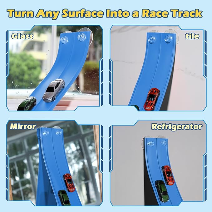 Flexible Race Track 15 Ft Starter Set Flex Tracks for Kids 3+ with Strong Suction Cups Flexible Car Race Ramp Track Compatible with Hot Wheels and Diecast 1/64 Cars Portable Rolls Up Race Tracks