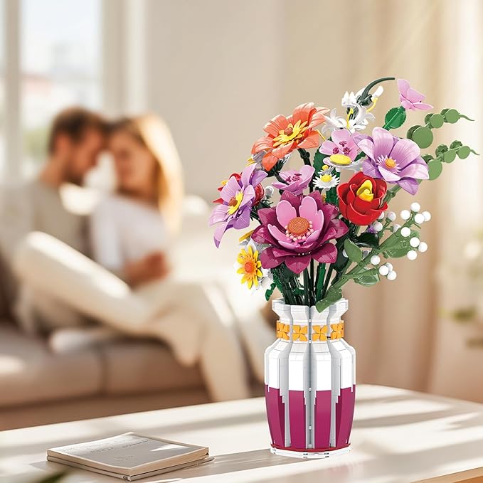 2 in 1 Vase Flowers Bouquet Building Set 16 Flowers Bouquet Sets for Adults &amp Women Compatible with Lego Flowers Bouquet Valentine's Day Gift for Her Girlfriend Wife 1278 PCS