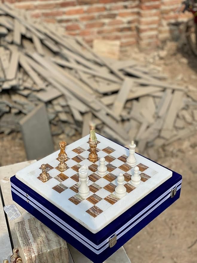 Large Handmade Full Chess Set Marble Chess Board 32 Chess Game Pieces Unique Home décor. Handcrafted Tournament Chess Board - 2 Players. (White Brown)