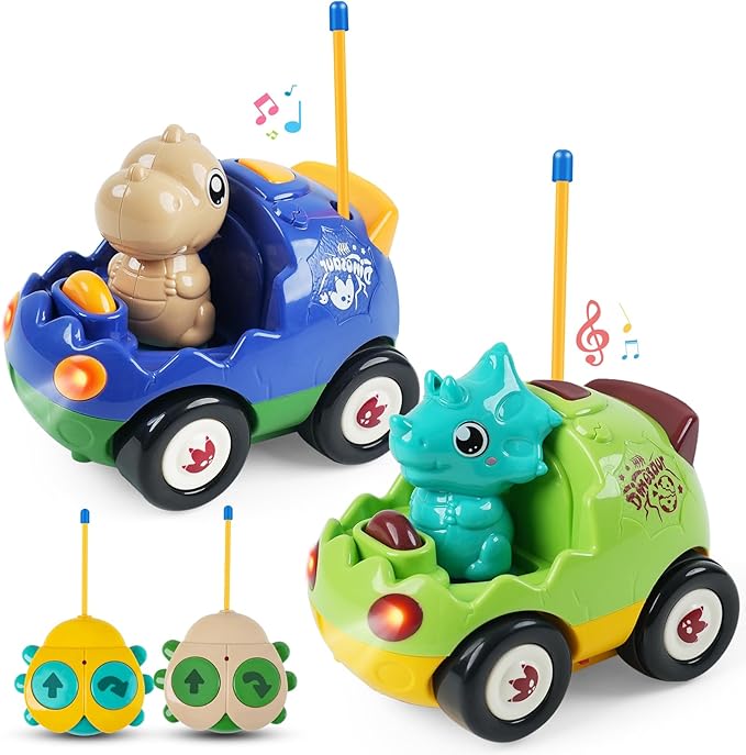 2-Pack RC Dinosaur Cars for Kids - Remote Control Dinosaur Toy Cars with Music and Lights Birthday Gift Toy for Boys Ages 2 3 4 5 Year Old and Toddlers 18+ Months