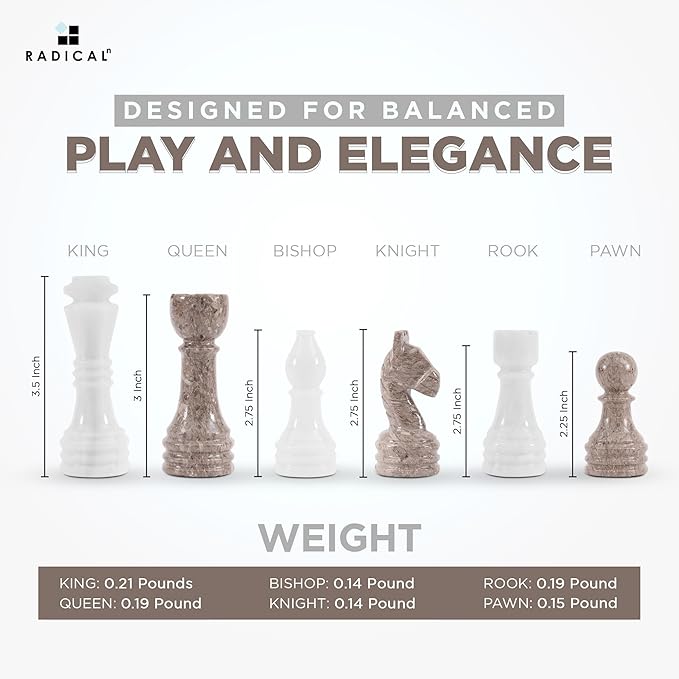 Radicaln Marble Chess Figures 3.5'' Inches White and Oceanic Handmade Marble Chess Pieces for Board Game and Travel Set for Adults
