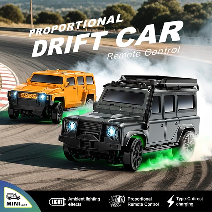 1:64 Scale Mini RC Drift Car with Gyro Full Proportional RTR 2.4Ghz Remote Control with RGB Lights (07-Black)