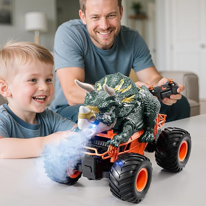 Remote Control Dinosaur Car for Kids Boys Electric Monster Truck with Spray Light Sound Indoor Outdoor All Terrain Off Road RC Car Toys for Kids 3 4 5 6 7 8-12 Year Old Boys Girls Birthday Gift