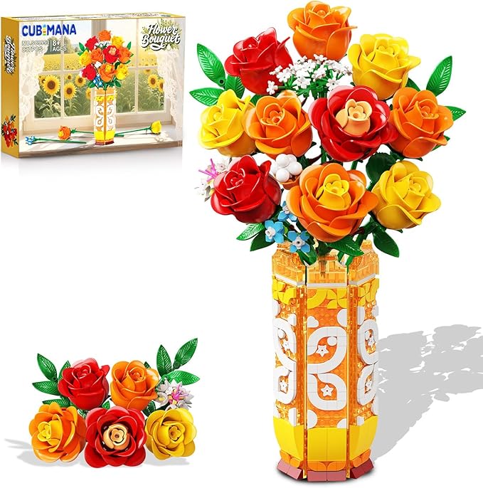 Flower Bouquet Building Set with Vase &amp LED Light Yellow Orange and Red Roses 3.6MM Mini Building Blocks Gifts for Women/Girlfriend/Wife Small Fake Flowers for Home Office Decor