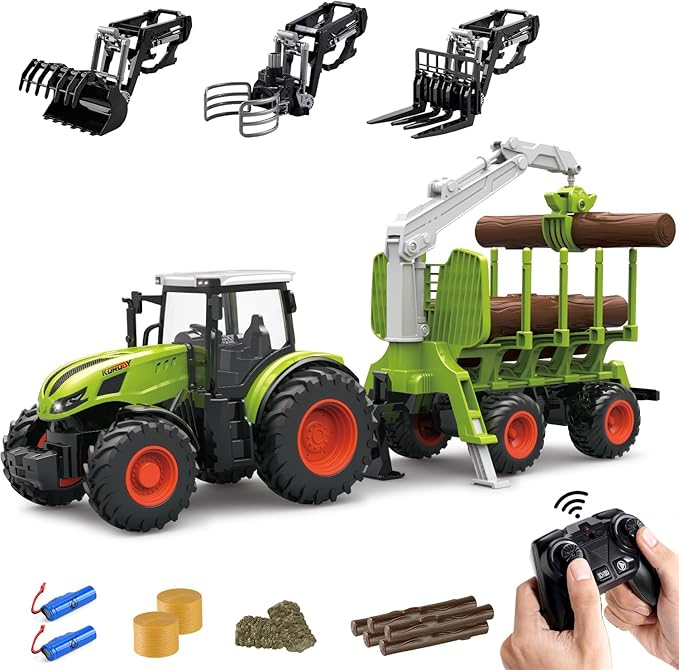 Remote Control Tractor Farm Playset 2.4Ghz Electronic RC Tractor with Trailer and Timber Truck Farm Toys Set with Wood Grabber Multifunctional headers Farmers for Kids Age 3 4 5 6 Years Old
