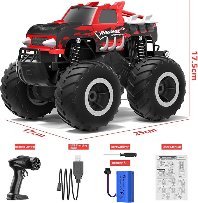 Amphibious Remote Control Car Monster Truck Toys - 1:16 All Terrain RC Trucks High Speed RC Cars with Crashworthy BodyOff- Road Electric Vehicle Kid Toys for Boys and GirlsAge 6+Red