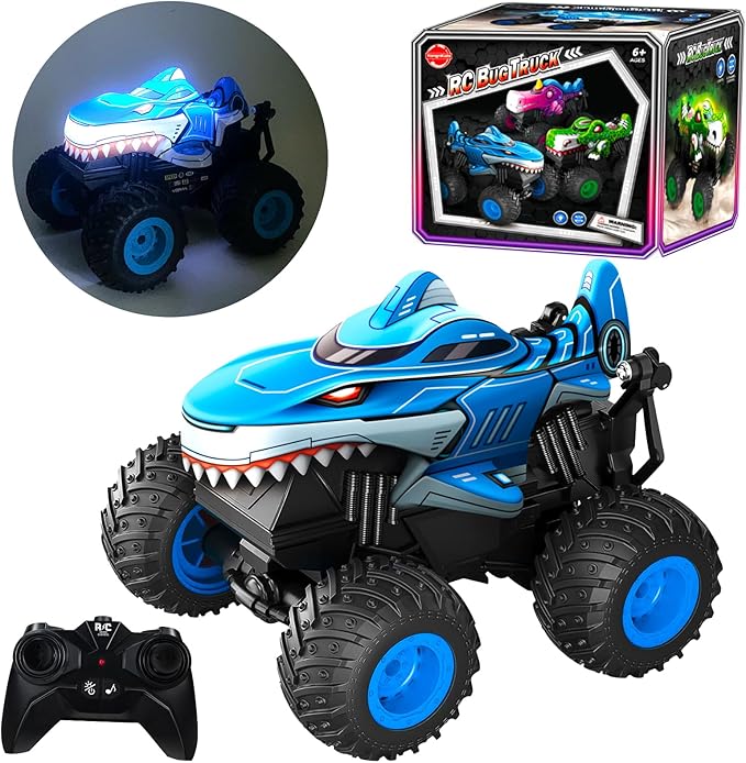 YongnKids Remote Control Car Shark Monster Trucks for Boys Age 4-7 2.4Ghz Rchargeable Rc Car with Music &amp Light360° Rotating Stunts RC Truck Toy for Kids 3-5 6 7 8-12 Birthday Easter Gift