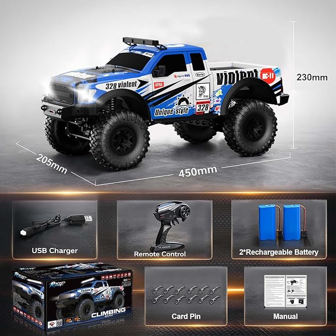 RC Cars RC Crawler 1/10 Scale RTR Remote Control Car 4WD 2.4GHz Brushed Offroad Racing Hobby Grade Model Vehicle with LED Lights 2Pcs Battery Toy for Kids and Adults