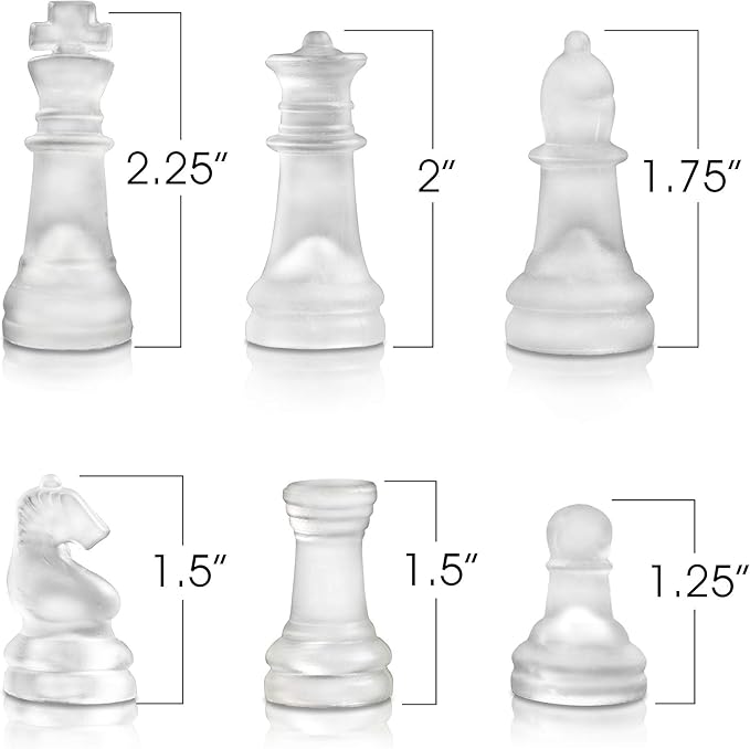 Gamie Premium Glass Chess Set 10 Inch - Elegant Design - Durable Build - 32 Frosted and Clear Pieces - Felted Bottoms - Easy to Carry - Stable &amp Fully Functional for Chess Lovers
