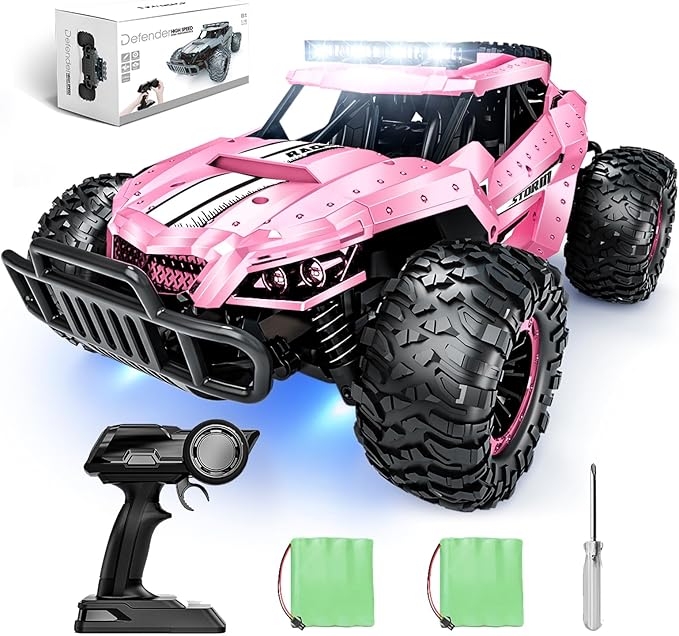 Tecnock Pink RC Car 1/16 Scale Remote Control Car for Girls High Speed 20 Km/h All Terrains Rc Monster Truck with Two Rechargeable Batteries &amp Head Chassis Lights Gift Toy for Kids Adults