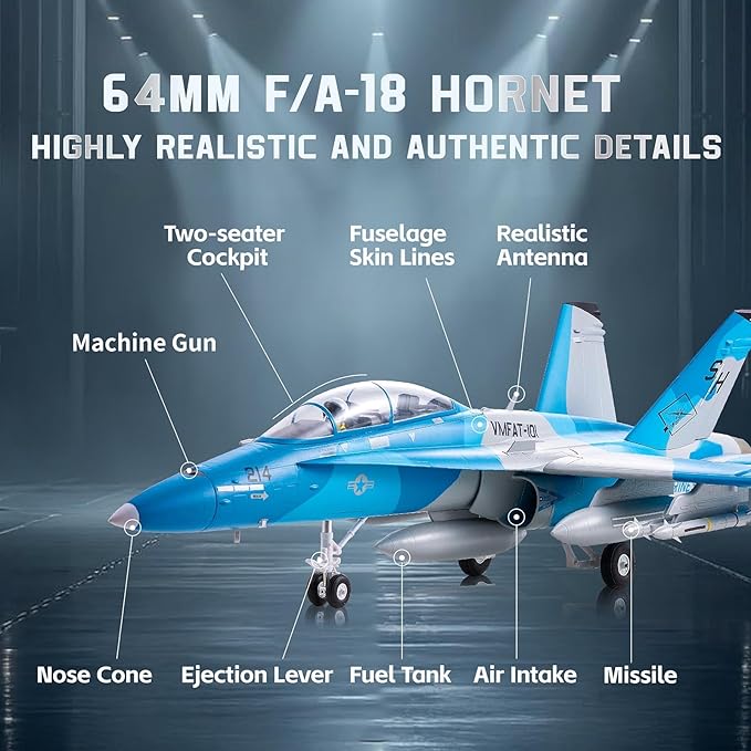 Fms Rc Jets 64mm F-18（SIM） Hornet EDF Fighter Jet Rc Airplanes for Adults Remote Control Planes PNP(NO Transmitter Batteries and Charger)
