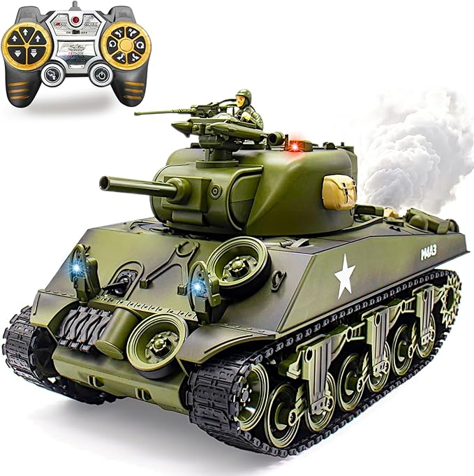 M4A3 Sherman US Army Tank 1/18 RTR RC Armored Fighting Vehicle Airsoft BB Battle Water Bomb Shot Smoke Sound Light Recoil 2.4Ghz Vibration Controller WWII Military Model Classic Panzer Display