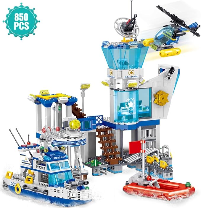 MindBox Police Station Building Blocks Set 800pcs Building Toy with ShipBoat &amp Helicopter for Boys 8+