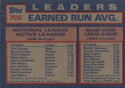 TOM SEAVER STEVE CARLTON STEVE ROGERS 1984 NL ACTIVE CAREER ERA LEADERS - 1984 TOPPS BASEBALL CARD #708 (NEW YORK METS PHILADELPHIA PHILLIES &amp MONTREAL EXPOS) FREE SHIPPING