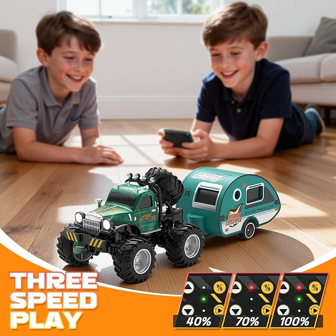 Snugzy Kids Mini RC Car 1:64 Scale RC Truck with Trailer 2.4Ghz Remote Control Rechargeable RC Cars Toy Gifts for Boys Girls (Green)